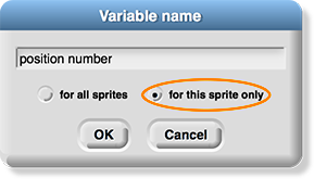 variable name dialog box with 'for this sprite only' selected