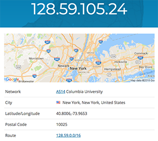 Screen shot of http://ipinfo.io/128.59.105.24; New York, New York, United States Map; Network: AS14 Columbia University; City: New York, New York, United States; Latitude/Longitude: 40.8006,-73.9653; Postal Code: 10025; Route: 128.59.0.0/16