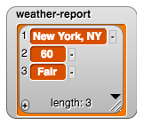 weather-report watcher: {New York, NY, 60, Fair}