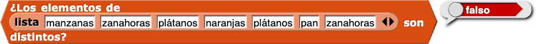 ¿Los elementos de (lista (manzanas) (zanahorias) (plátanos) (naranjas) (plátanos) (pan) (zanahorias)) son distintos? reporta falso