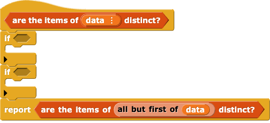 are the items of (data) distinct?
{
	if (is (data) empty?)
	{
		report ()
	}
	if ((all but first of (data)) contains ())
	{
		report ()
	}
	report (are the items of () distinct?)
}