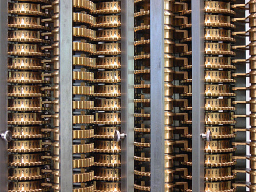 A closeup showing the gears of the Difference Engine more clearly
