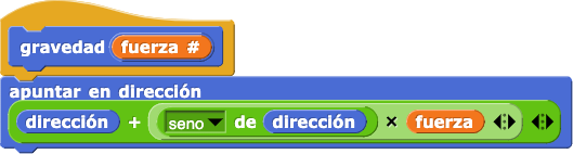 gravedad(fuerza#){apuntar en dirección(dirección+sseno de (dirección)*fuerza)}