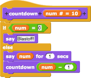 countdown(num){if (num=0) {say(Blastoff!)} else {say (num) for (1) secs; countdown(num-1)}}