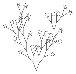 vee calling vee: a tree with many branches ending with square, hexagon or star shaped leaves