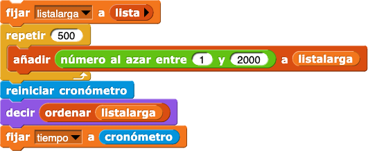 fijar(listalarga) a (lista vacía); repetir(500){añadir(número al azar entre(1) y (2000) a (listalarga)}; reiniciar cronómetro; decir(ordenar(listalarga)); fijar(tiempo) a (cronómetro)