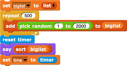 set(biglist) to (Empty list); repeat(500){add(pick random(1) to (2000) to (biglist)}; reset timer; say(sort(biglist)); set(time) to (timer)