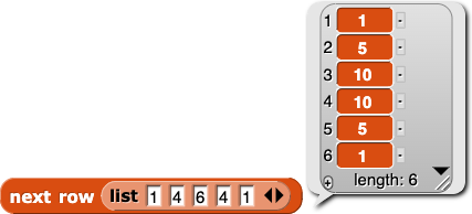 next row(list{1,4,6,4,1}) reporting {1,5,10,10,5,1}
