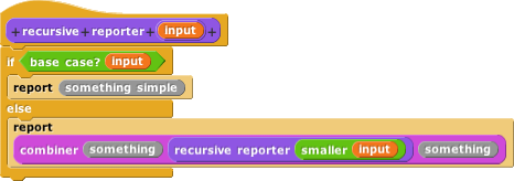 if (base case?) then [report something simple] else [report (combiner (stuff) (recursive call) (stuff)]