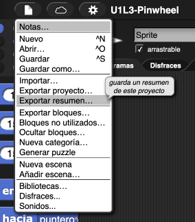 imagen del menú Archivo de Snap! con el puntero sobre 'Exportar resumen...' Hay una burbuja encima del puntero que dice: 'guarda un resumen del proyecto' 