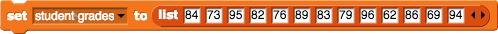 set (student grades) to (list {84, 73, 95, 82, 76, 89, 83, 79, 96, 62, 86, 69, 94})