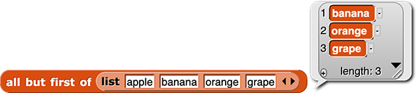 all but first of (list (apple) (banana) (orange) (grape)) reporting [banana, orange, grape]