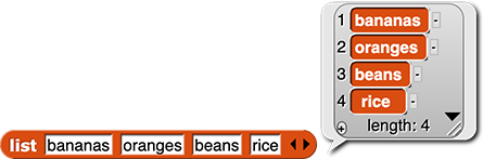 list (bananas) (oranges) (beans) (rice) reporting the list [bananas, oranges, beans, rice]