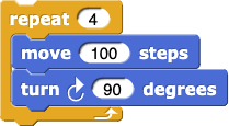 repeat (4) times
{
    move (100) steps
    turn ↻ (90) degrees
}