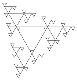 An image of a triangle fractal with 4 levels. That is, one triangle, and at each corner a smaller triangle, and at each corner of those another smaller triangle, and at each of those corners another smaller triangle. There are 40 triangles total.