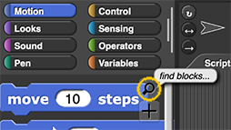 image of the magnifying glass icon at the top right of the palette just under the eight palette menus; there is a hover-over bubble that says 'find blocks...'