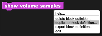 show volume samples block with menu open showing 'duplicate block definition...' option selected